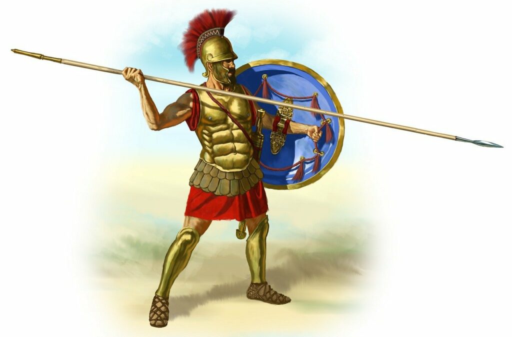 A color illustration of a Roman soldier in full armor holding a shield in his left hand and a very long spear in his right hand.