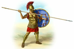 A color illustration of a Roman soldier in full armor holding a shield in his left hand and a very long spear in his right hand.