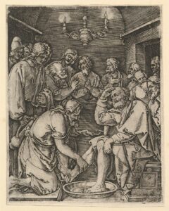 Woodcut of Jesus washing Peter's feet while the other disciples looked on