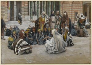 A painting of Jesus seated and speaking to others near the treasury of the Temple