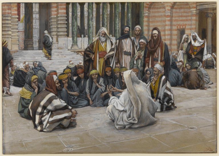 A painting of Jesus seated and speaking to others near the treasury of the Temple