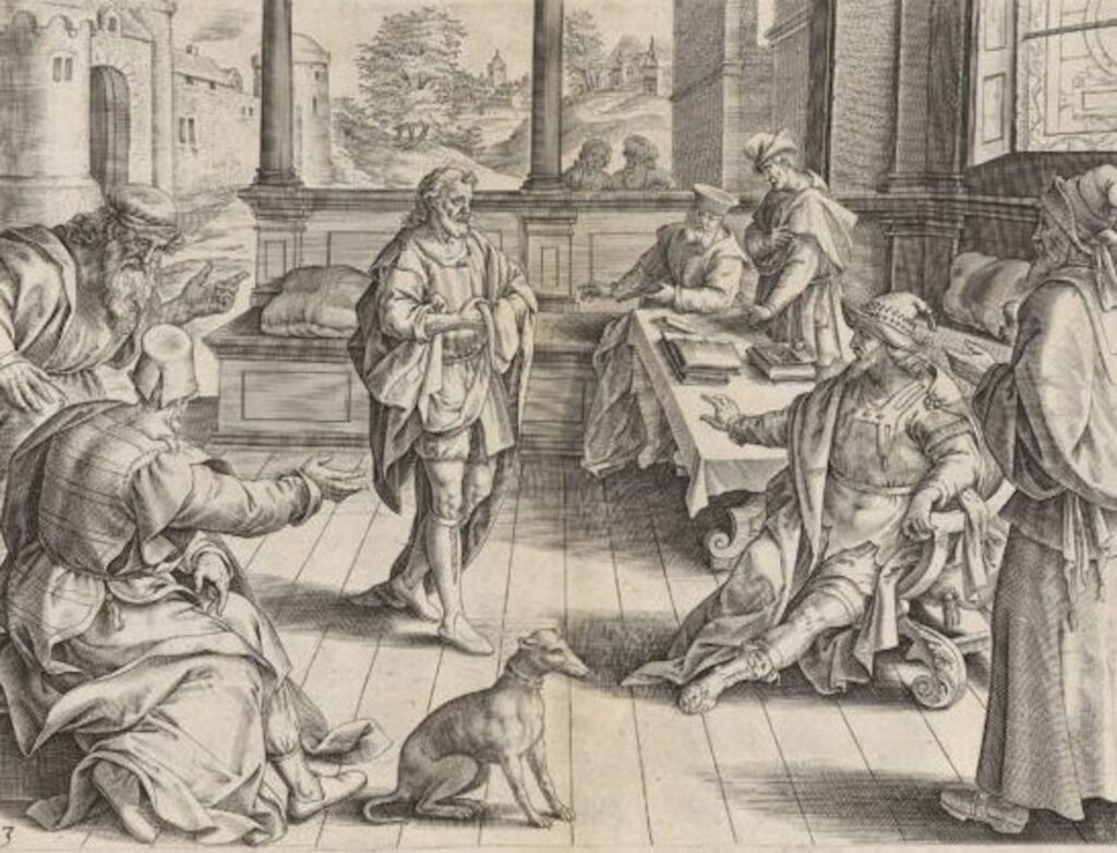 A woodcut of a king summoning a servant in a large room with several others present