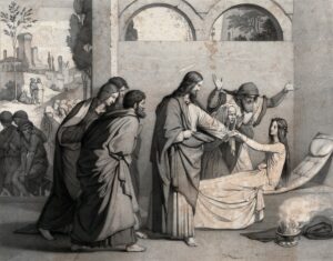 A lithograph print of Christ raising the daughter of Jairus (Luke 9.41-56). By P.H. Eichens after E. Steinle