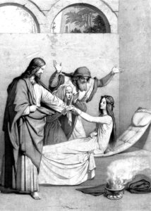 A lithograph print of Christ raising the daughter of Jairus (Luke 9.41-56). By P.H. Eichens after E. Steinle