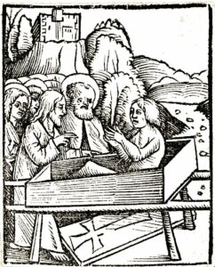 A black and white print of an image of the son of the widow of Nain after he was resurrected from the dead made in Germany in the 1500s