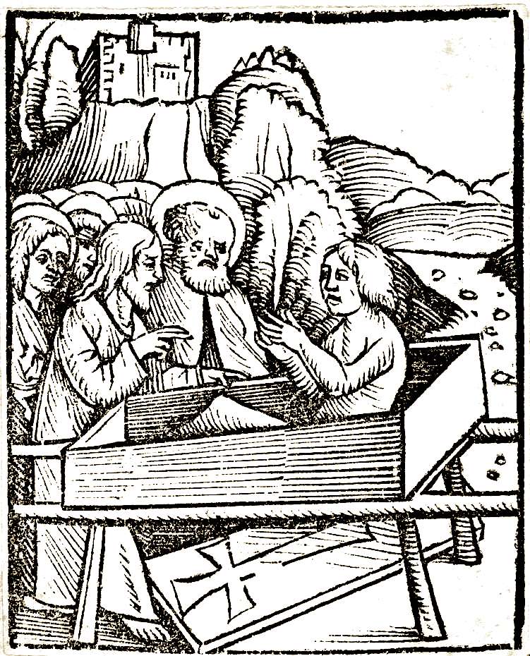A black and white print of an image of the son of the widow of Nain after he was resurrected from the dead made in Germany in the 1500s