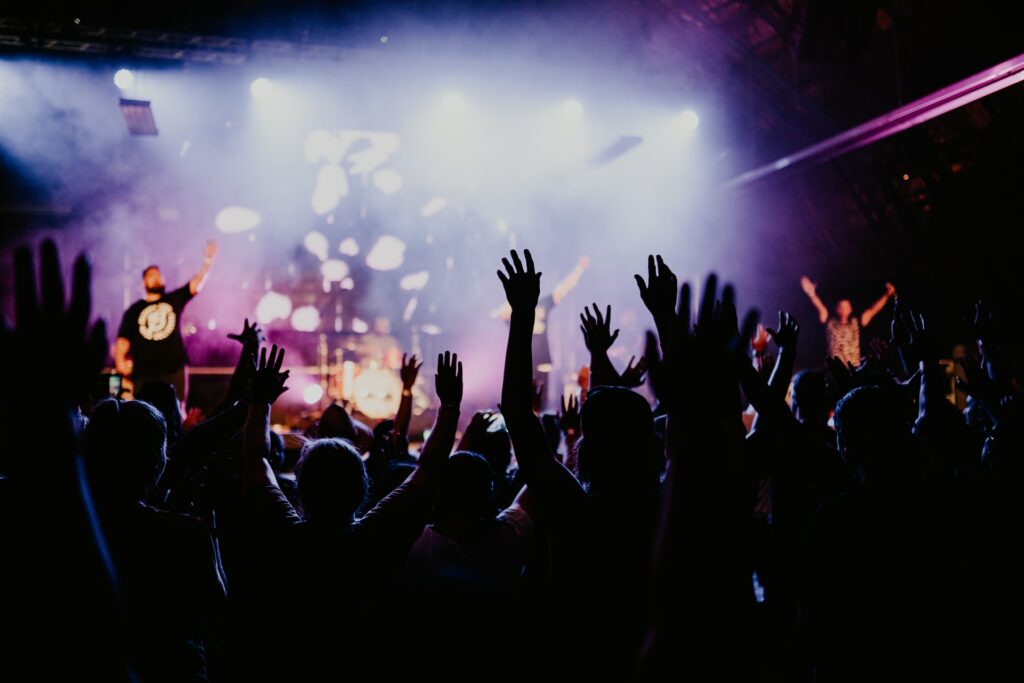 A photo of a contemporary worship service in a church