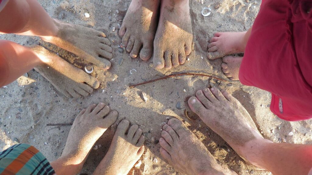 A photograph of a set of bare dirty, sandy feet illustrating the need to wash my feet