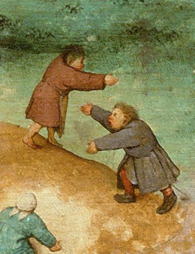 A painting by Pieter Bruegel showing how to stand against the devil through a variant of the game 'King of the Hill' showing a boy holding his ground against another.