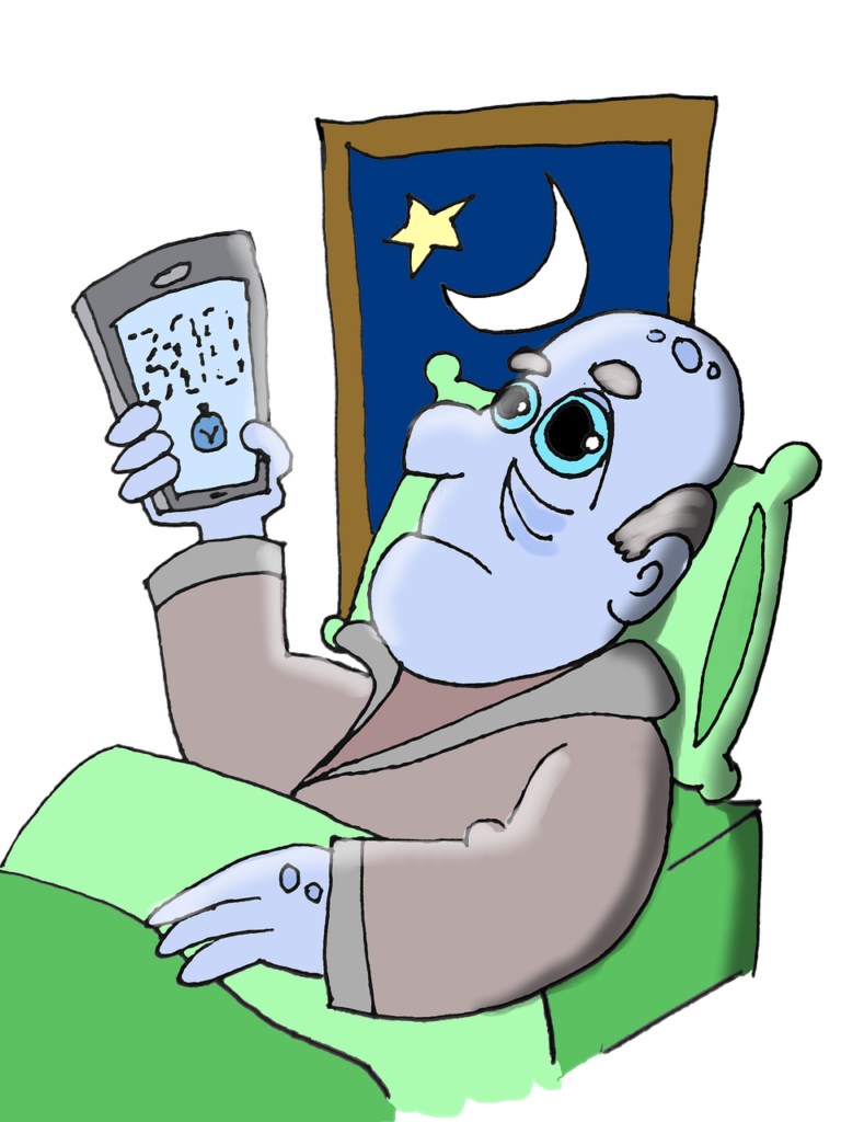 A cartoon image of a man in bed at night holding a clock with his eyes wide open, an example of how we cannot sleep in peace without God