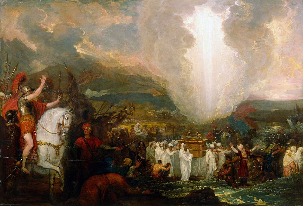 A painting by Benjamin West of a pillar of cloud and the Israelites with the Ark of the Covenant crossing the Jordan river .