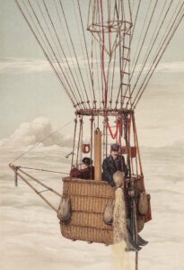 weak with God drawing of hot air balloon basket with engineer dumping ballast over side symbolizing the fact that we are weak with God unless we remove the ballast of the flesh hindering us