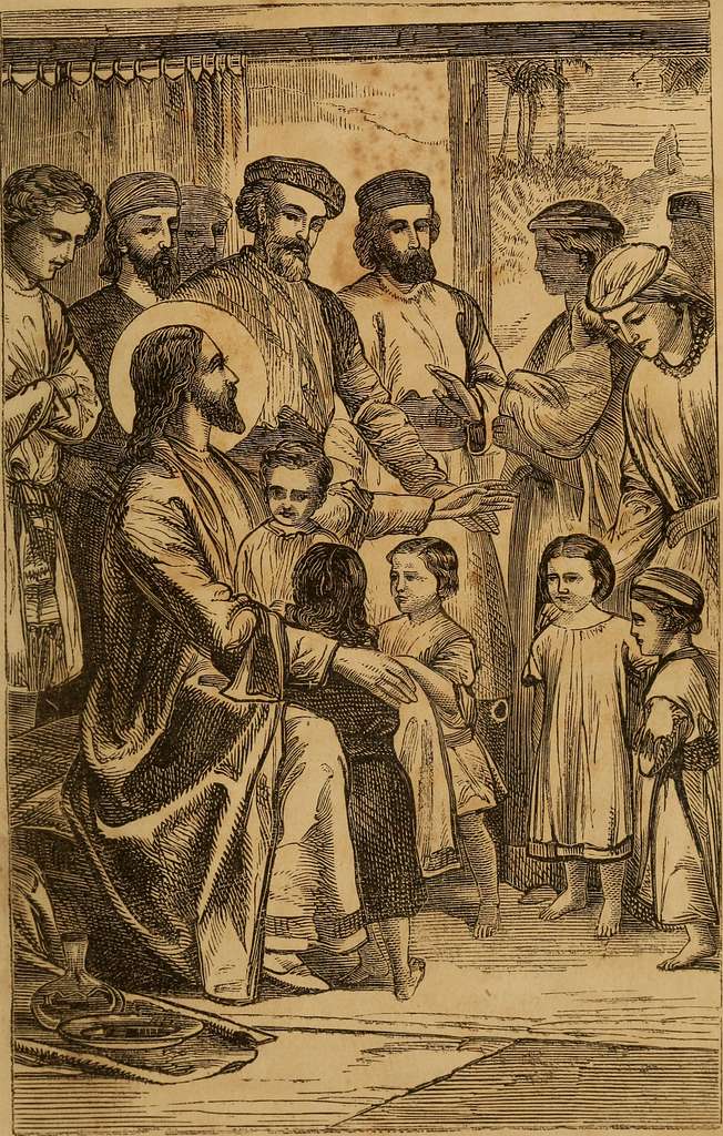 An engraving show adults and children listening to the voice of Christ who is seated among them