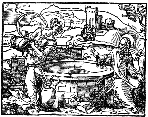 A woodcut image of Jesus and the Samaritan woman at the well demonstrating that He is not a fountain of youth but the fountain of life.