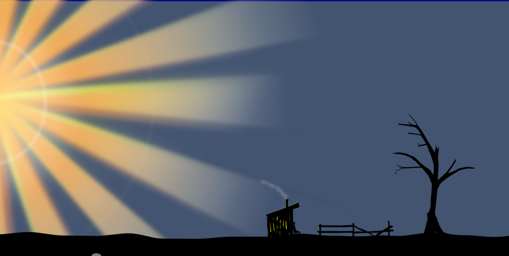 A graphical image of sunbeams shining down toward a small dilapidated shack, broken fence, and barren tree, symbolizing how God reached down and picked us up