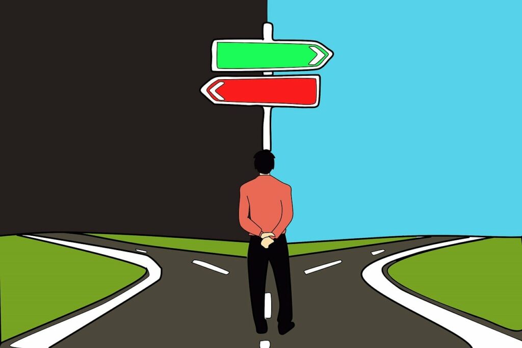 A graphical image showing a man a crossroads with the choice to go left or right and a sign post in the center with green and red arrows pointing right and left respectively