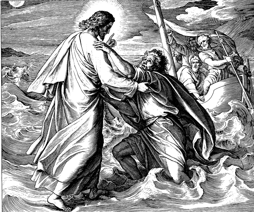 An illustration of Peter and Jesus on the water showing how to fail God through doubt