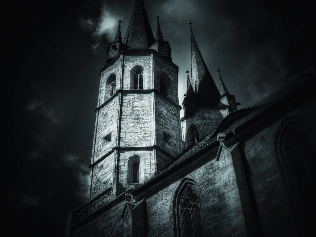 A black and white photo of a dark cathedral symbolic of a church that has no power of God
