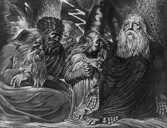 A black and white engraving of Job looking upward and his along with three of his 'friends' staring intently at him