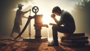 Man seated with book in lap while praying with hand pump in foreground and indigenous man walking in the background