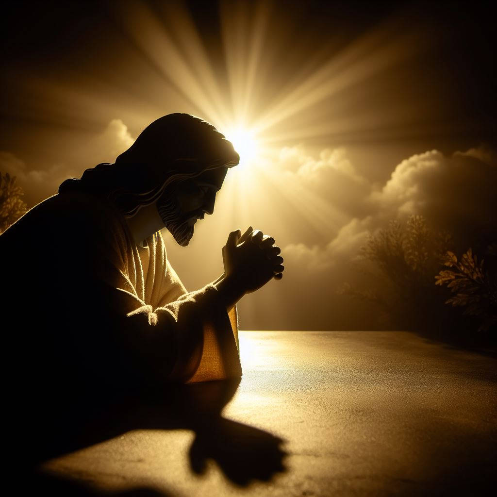 An A.I. generated image of a silhouette of Jesus Christ praying symbolizing godly character is in Jesus' faith