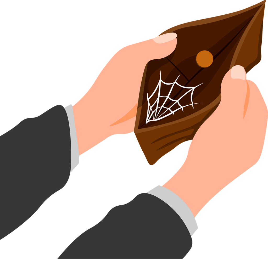 A graphical image of a pair of hands holding open an empty wallet with a coin and a spider web inside symbolizing the necessity to be trusting in God