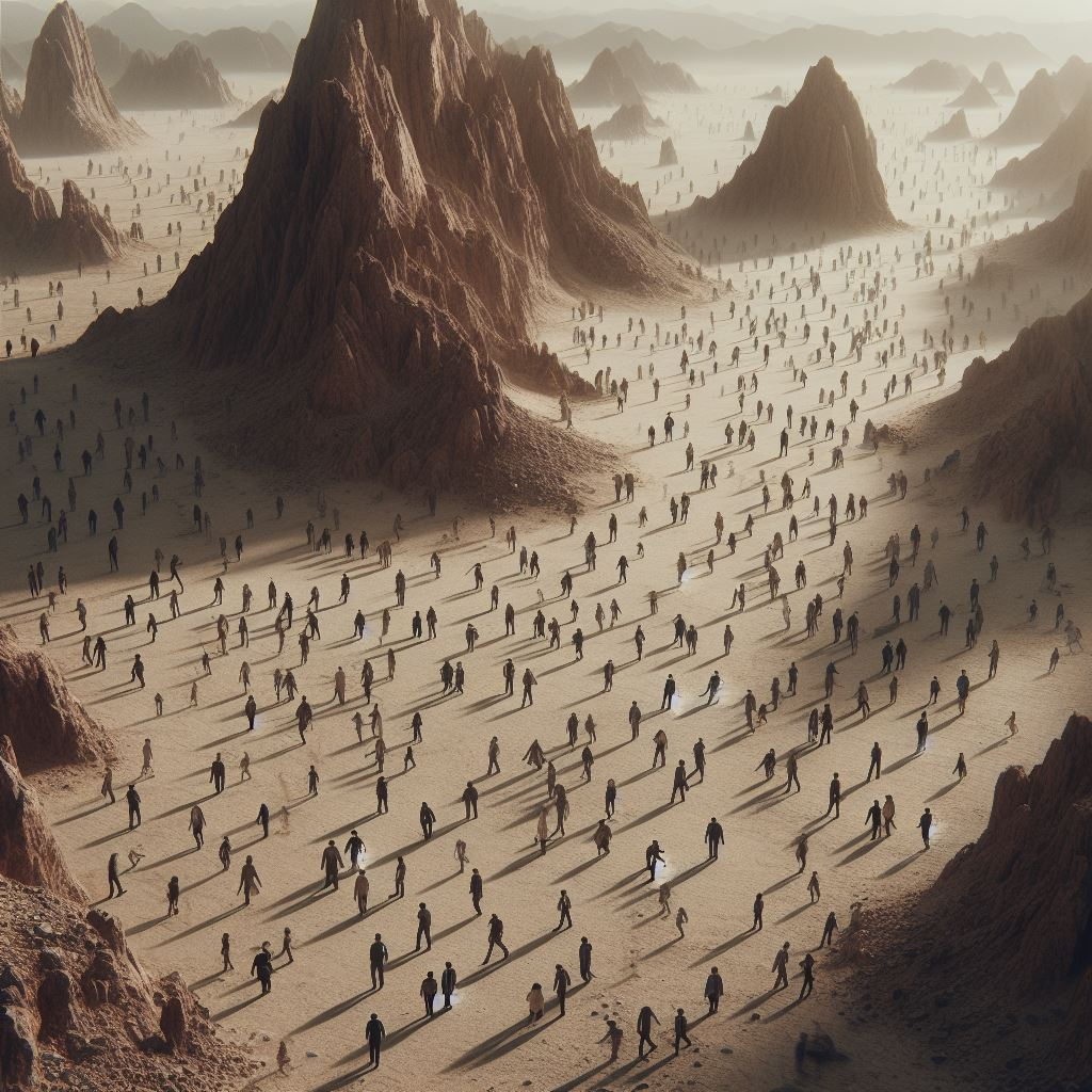 An AI generated image of an aerial view of people wandering around a mountain in a rocky desert symbolic of those who are not trusting God and are never finding satisfaction
