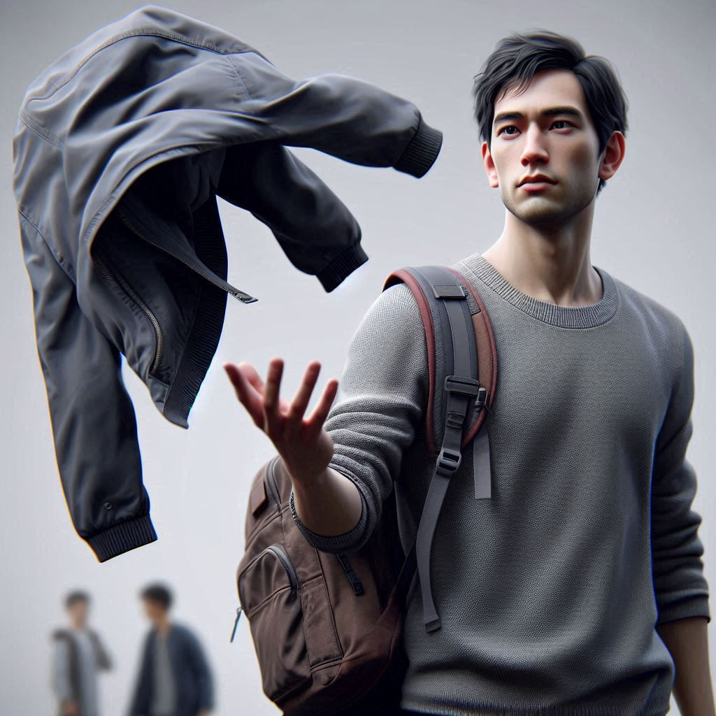 An AI generated image of an Asian man with a backpack casting away his jacket symbolic of one giving up their safety net