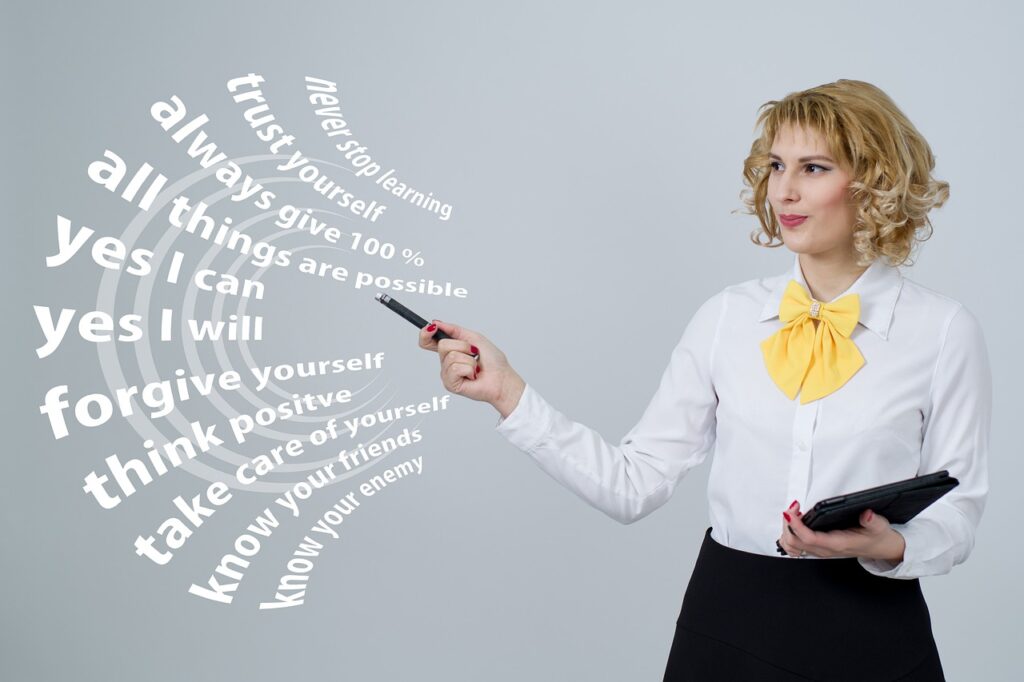 Woman in white blouse pointing to many self-centered phrases, symbolic of how God's thoughts and ways are not our own